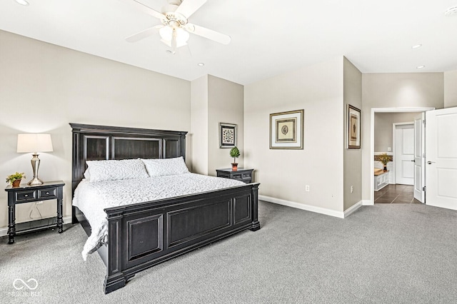 carpeted bedroom featuring ceiling fan, recessed lighting, and baseboards