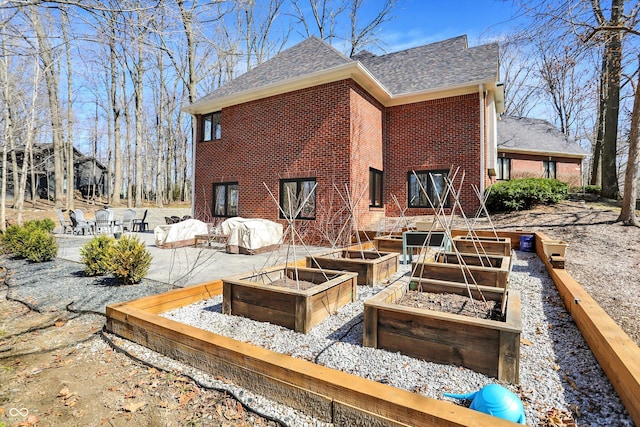 back of house with brick siding, a patio area, a shingled roof, and a garden