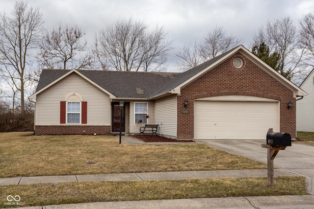 ranch-style home with a garage, a shingled roof, concrete driveway, a front lawn, and brick siding