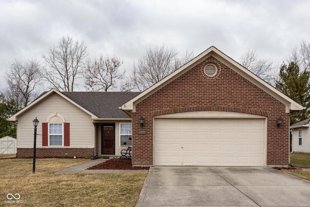 single story home with a garage, a shingled roof, concrete driveway, a front lawn, and brick siding