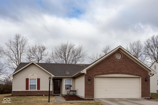 ranch-style house featuring a garage, driveway, brick siding, and a shingled roof