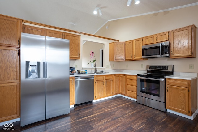 kitchen with lofted ceiling, light countertops, appliances with stainless steel finishes, and a sink