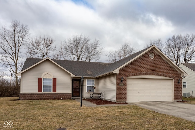 ranch-style home featuring brick siding, an attached garage, central AC, driveway, and a front lawn