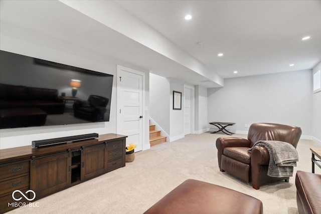 2026 Alvord St, Indianapolis, IN 46202 - living area with stairway, recessed lighting, baseboards, and light carpet