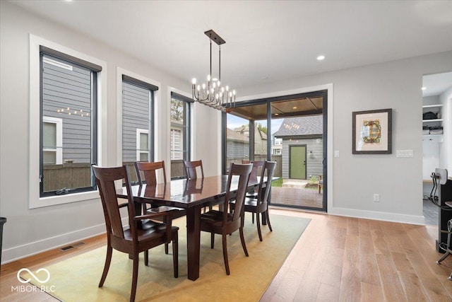 2026 Alvord St, Indianapolis, IN 46202 - dining space with visible vents, a notable chandelier, light wood-style floors, and baseboards