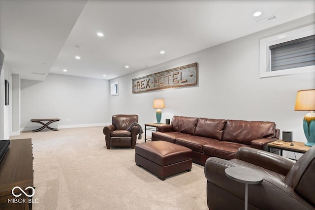 2026 Alvord St, Indianapolis, IN 46202 - living area featuring recessed lighting, light colored carpet, visible vents, and baseboards