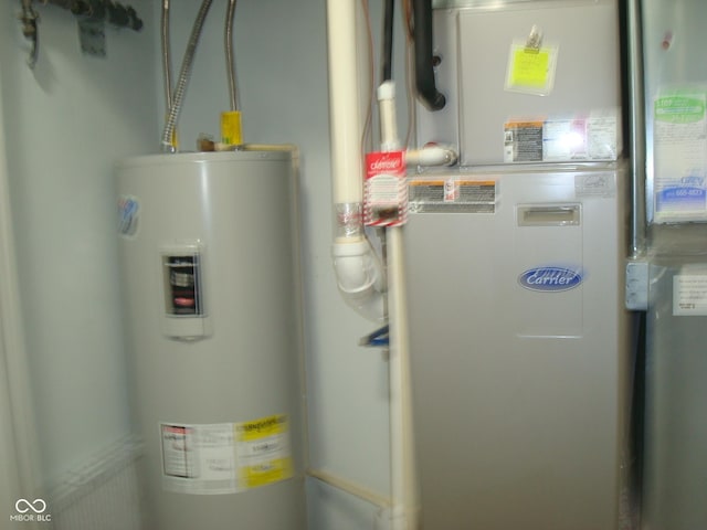 utility room with heating unit and electric water heater