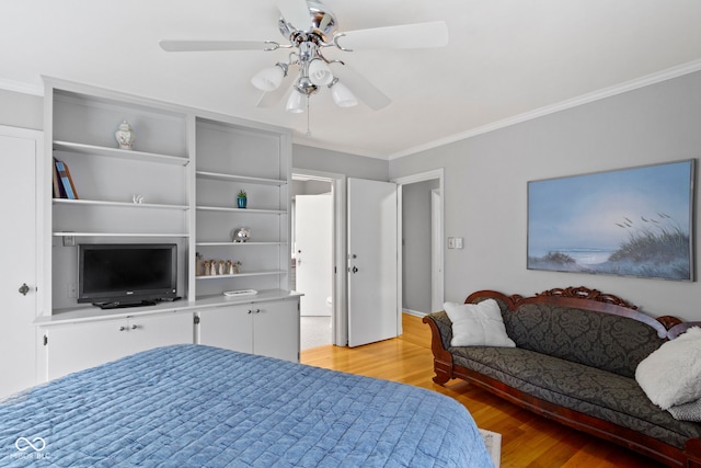 bedroom featuring light wood-type flooring, ceiling fan, and ornamental molding