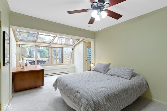 bedroom with ornamental molding, carpet, and a baseboard radiator