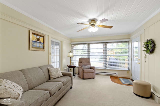 living area with a ceiling fan, carpet floors, a baseboard radiator, crown molding, and wooden ceiling