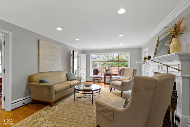 living area featuring recessed lighting, a baseboard radiator, crown molding, and wood finished floors