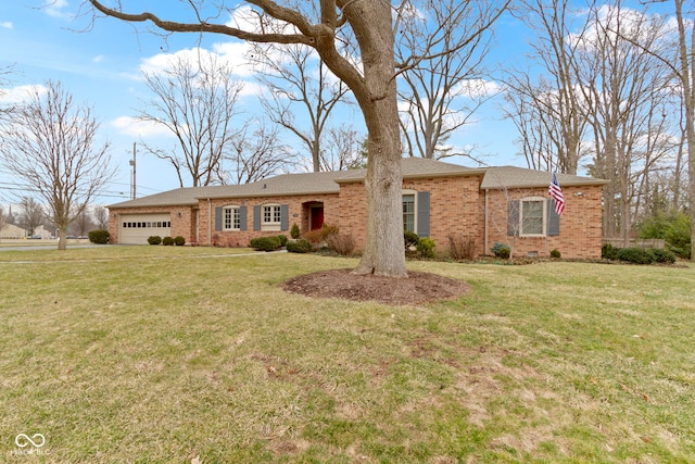 ranch-style home with crawl space, a front lawn, brick siding, and an attached garage