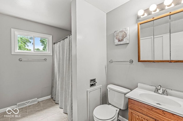 full bath featuring tile patterned floors, visible vents, toilet, baseboards, and vanity