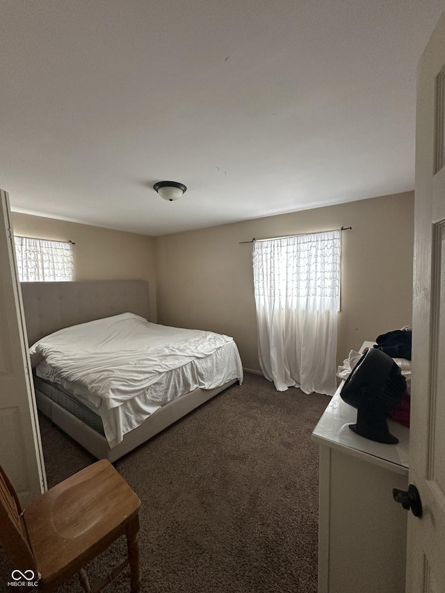 bedroom featuring dark colored carpet and multiple windows