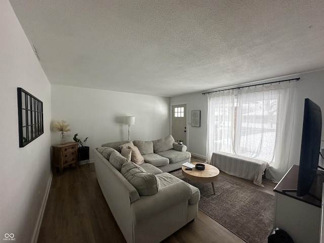 living area with a textured ceiling, dark wood-style flooring, plenty of natural light, and baseboards