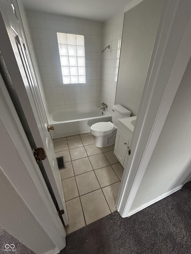 full bath featuring shower / bath combination, visible vents, toilet, tile patterned flooring, and vanity