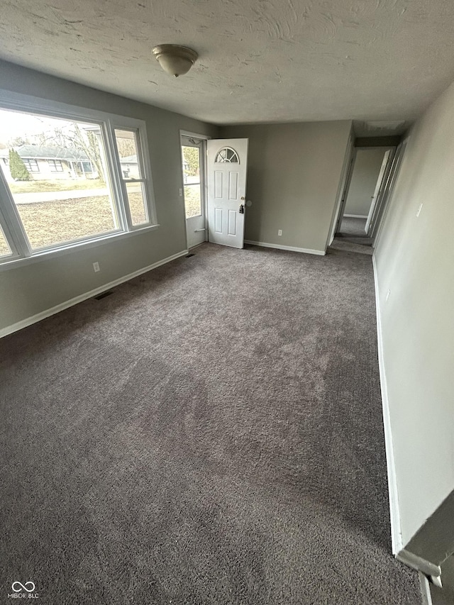 interior space featuring carpet floors, visible vents, baseboards, and a textured ceiling