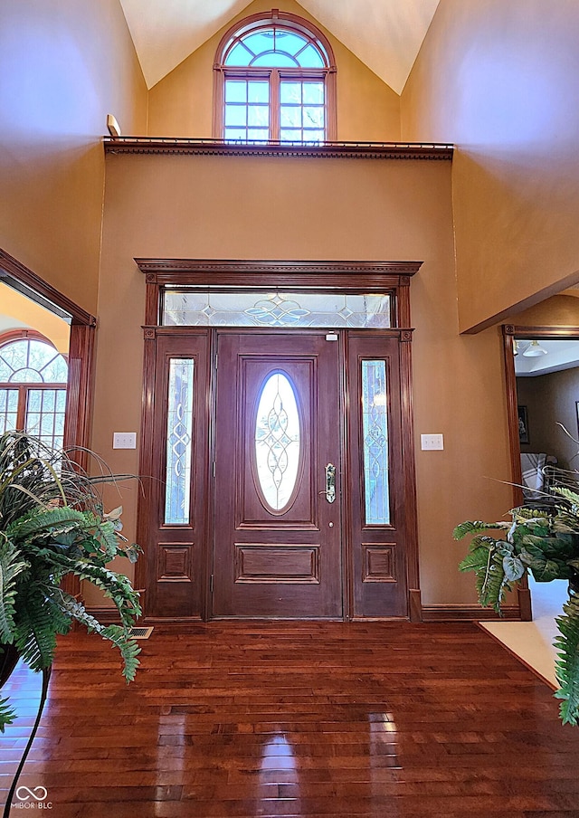 foyer featuring wood-type flooring, high vaulted ceiling, and a healthy amount of sunlight