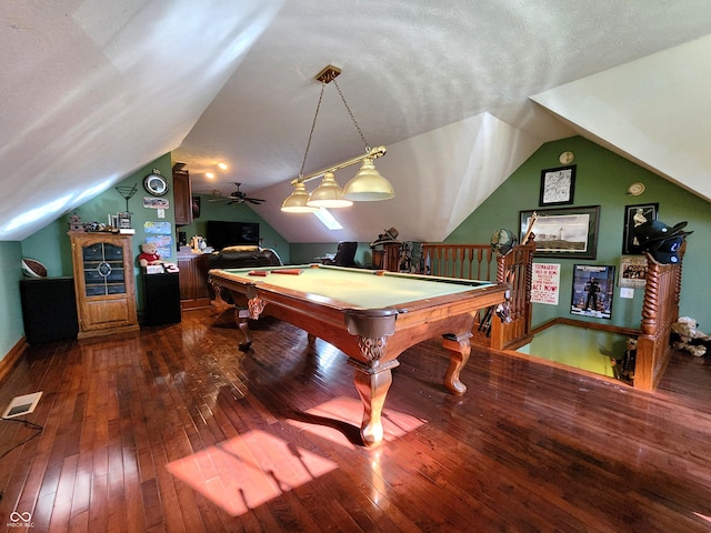 playroom featuring dark wood-style floors, visible vents, billiards, and lofted ceiling