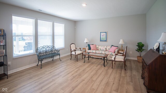 2349 S Copperstone Dr, New Palestine, IN 46163 - living area with light wood-type flooring, baseboards, visible vents, and a healthy amount of sunlight