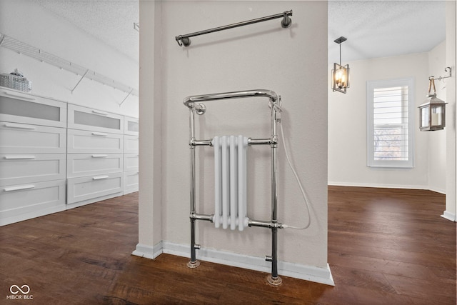 interior space featuring radiator heating unit, baseboards, and wood finished floors