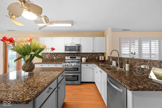 kitchen with a ceiling fan, a sink, decorative backsplash, stainless steel appliances, and light wood-style floors