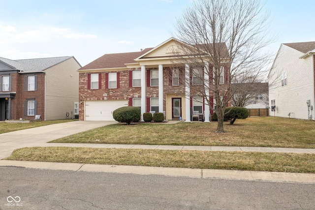 neoclassical / greek revival house featuring brick siding, driveway, a front yard, and fence