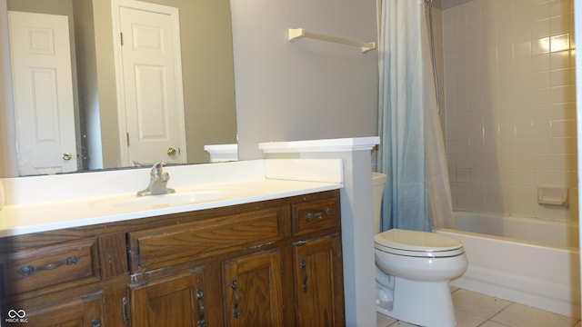 full bath with shower / tub combo, tile patterned flooring, vanity, and toilet