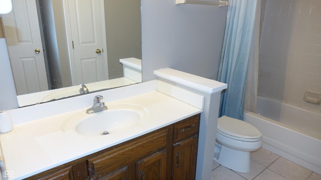 full bath featuring vanity, shower / bath combination with curtain, tile patterned flooring, and toilet