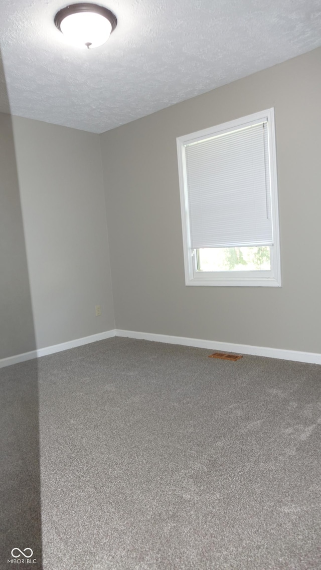 carpeted spare room with a textured ceiling and baseboards