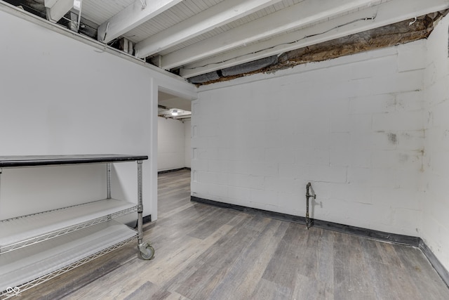 basement featuring wood finished floors and concrete block wall