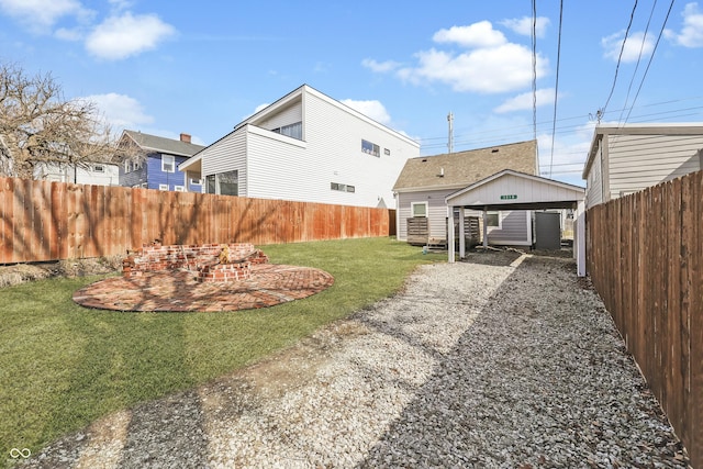 view of yard with a carport and a fenced backyard