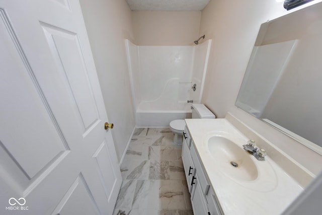 full bath with marble finish floor, bathtub / shower combination, toilet, a textured ceiling, and vanity