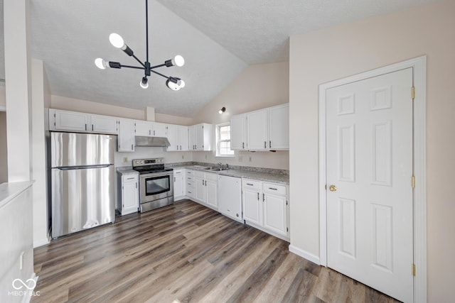 kitchen featuring stainless steel appliances, wood finished floors, white cabinetry, and under cabinet range hood