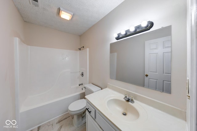 bathroom with visible vents, bathing tub / shower combination, toilet, a textured ceiling, and vanity