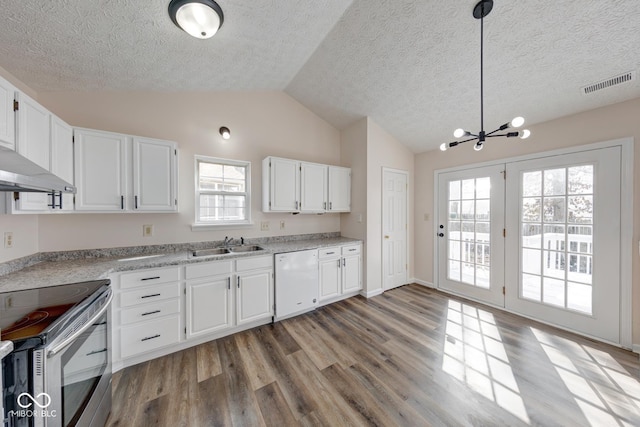 kitchen featuring white cabinets, white dishwasher, a sink, light wood-type flooring, and stainless steel electric range