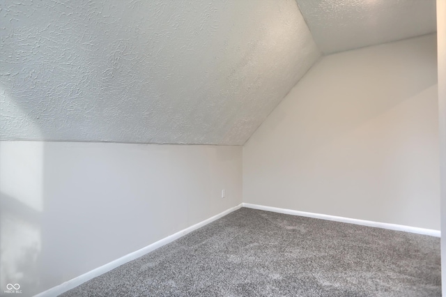 additional living space with carpet flooring, a textured ceiling, lofted ceiling, and baseboards