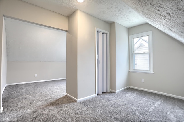 additional living space with baseboards, carpet, and a textured ceiling