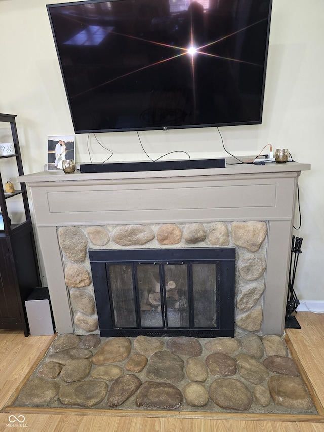 details featuring a stone fireplace and wood finished floors