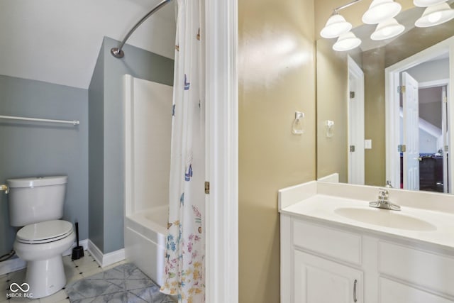 bathroom featuring toilet, shower / bath combination with curtain, tile patterned flooring, baseboards, and vanity