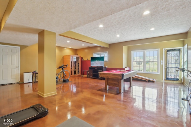 rec room with pool table, recessed lighting, baseboards, and a textured ceiling