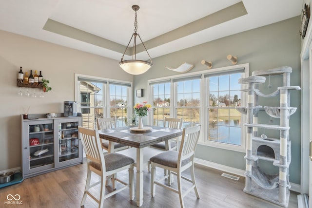 dining room with visible vents, baseboards, a tray ceiling, and wood finished floors