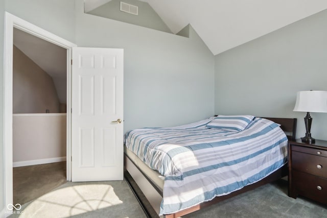 carpeted bedroom with lofted ceiling, baseboards, and visible vents