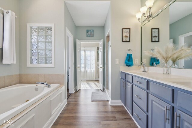 bathroom featuring wood finished floors, double vanity, a stall shower, a sink, and a bath