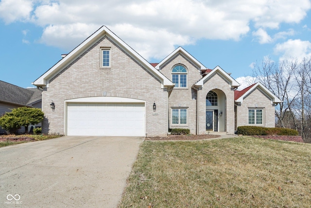 view of front facade with a front lawn, a garage, brick siding, and driveway