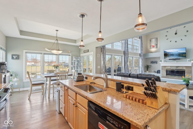 kitchen featuring a raised ceiling, black dishwasher, light wood finished floors, and a sink