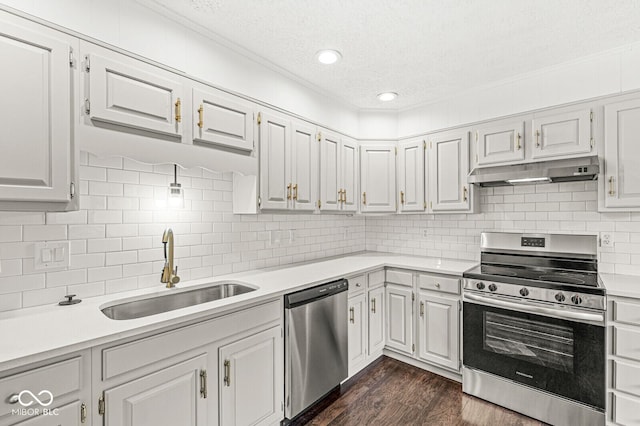 kitchen with under cabinet range hood, a sink, dark wood finished floors, appliances with stainless steel finishes, and light countertops