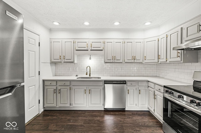 kitchen featuring a sink, under cabinet range hood, dark wood-style floors, appliances with stainless steel finishes, and light countertops