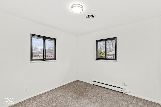 unfurnished room featuring visible vents, carpet flooring, baseboards, and a baseboard radiator