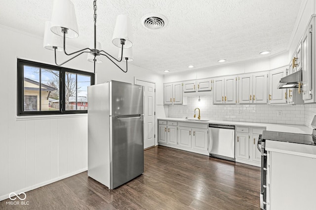 kitchen featuring dark wood-type flooring, a sink, appliances with stainless steel finishes, exhaust hood, and light countertops